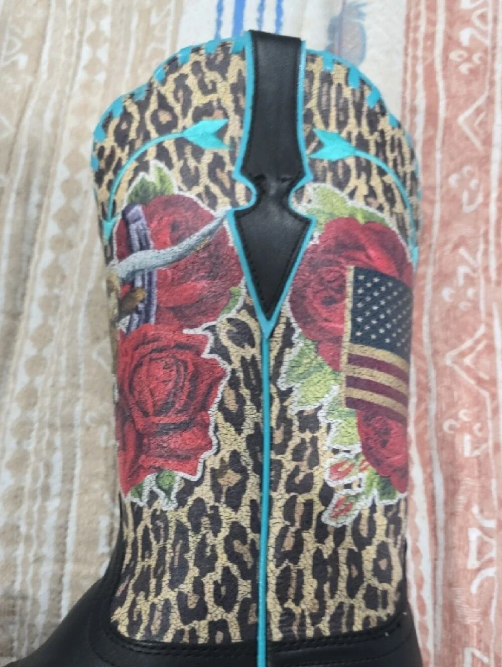 Ariat Black Leather Western Boots with Leopard Print and Red Rose Embroidery - Picture 5 of 12